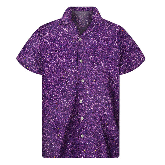 Island Vibes: Purple Glitter Print Hawaiian Short Sleeve Shirt - 1