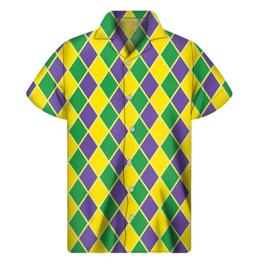 Purple, Green, and Yellow Hawaiian Short Sleeve Shirt for a Tropical Vibe - 1