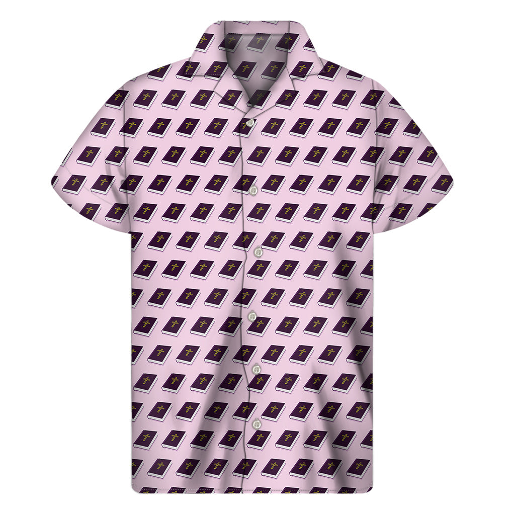 Island Vibes: Hawaiian Purple Holy Bible Pattern Print Short Sleeve Shirt for Men - 1