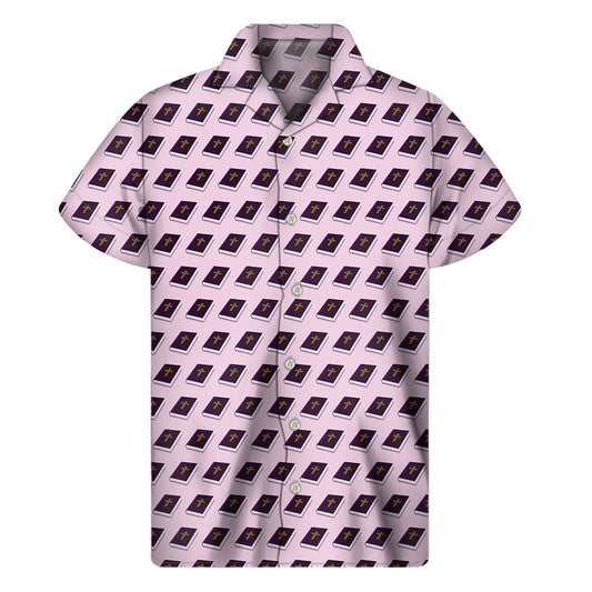 Island Vibes: Hawaiian Purple Holy Bible Pattern Print Short Sleeve Shirt for Men - 1
