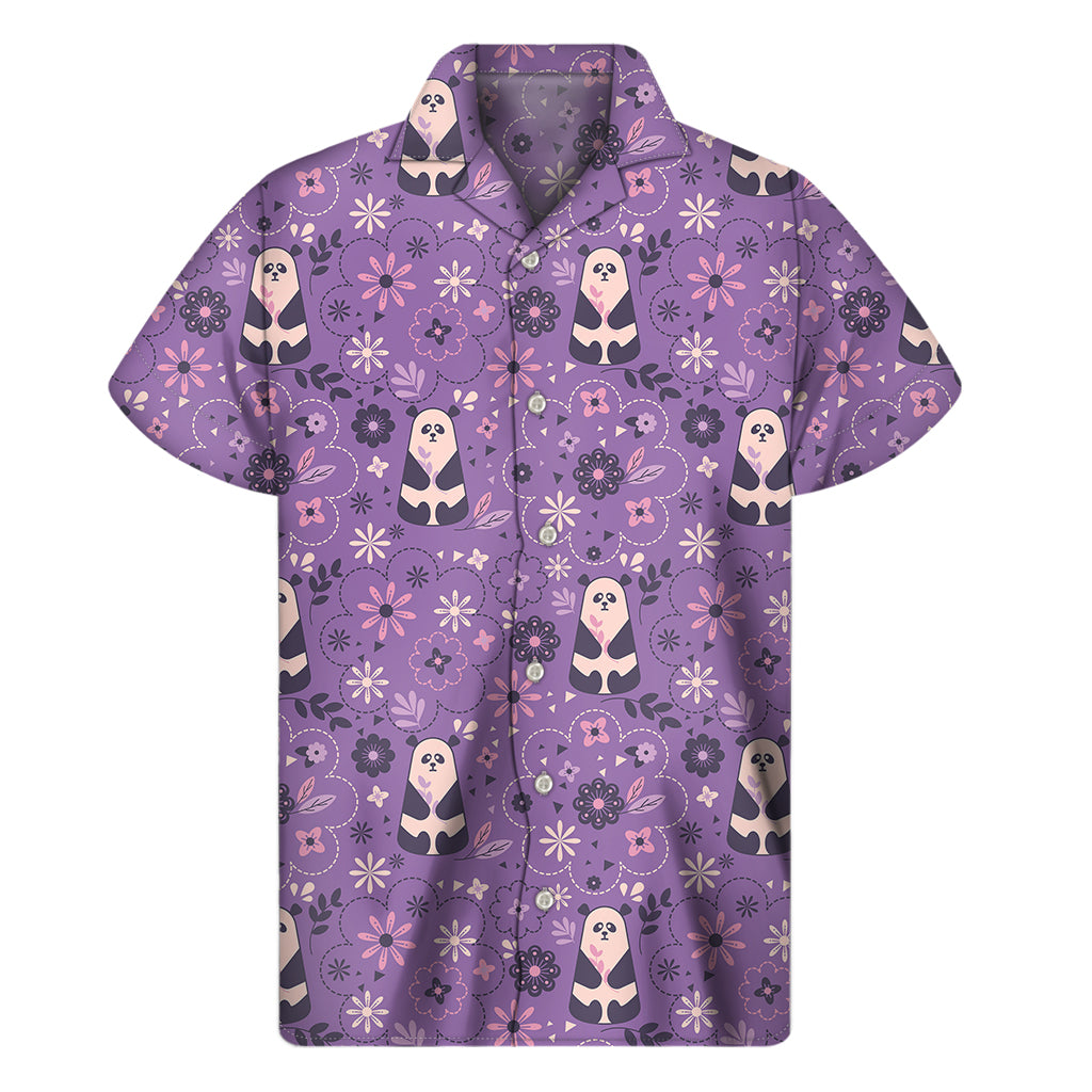 Purple Panda and Flower Pattern Hawaiian Short Sleeve Shirt - 1