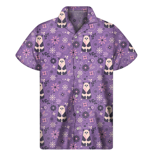 Purple Panda and Flower Pattern Hawaiian Short Sleeve Shirt - 1
