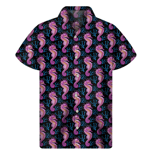 Purple Seahorse Paradise: Men's Hawaiian Short Sleeve Shirt - 1
