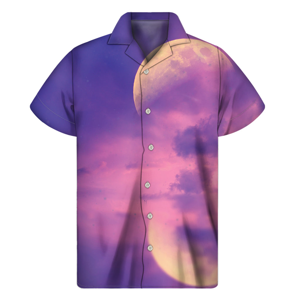 Sunset Paradise: Hawaiian Short Sleeve Shirt with Purple Sky and Full Moon Print - 1