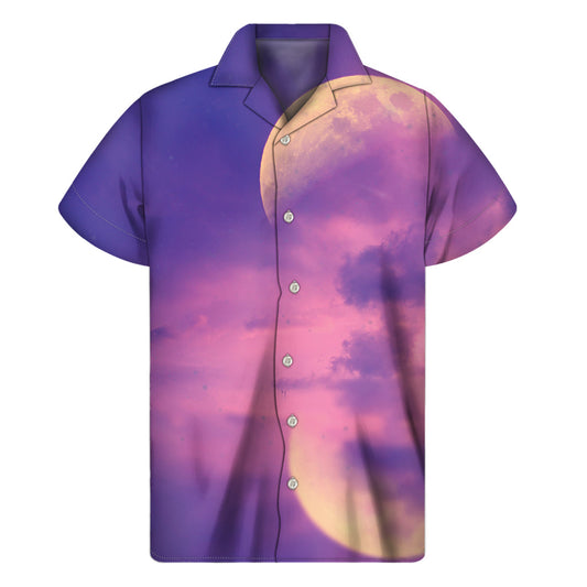 Sunset Paradise: Hawaiian Short Sleeve Shirt with Purple Sky and Full Moon Print - 1