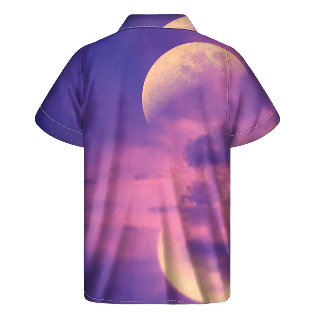 Sunset Paradise: Hawaiian Short Sleeve Shirt with Purple Sky and Full Moon Print - 2