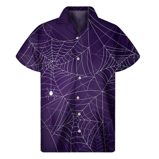 Tropical Vibes: Purple Spider Web Pattern Hawaiian Short Sleeve Shirt - 1