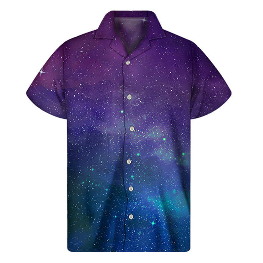 Galactic Vibes: Hawaiian Short Sleeve Shirt in Purple Turquoise - 1