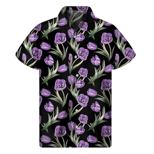 Purple Watercolor Tulip Pattern Hawaiian Short Sleeve Shirt - 1