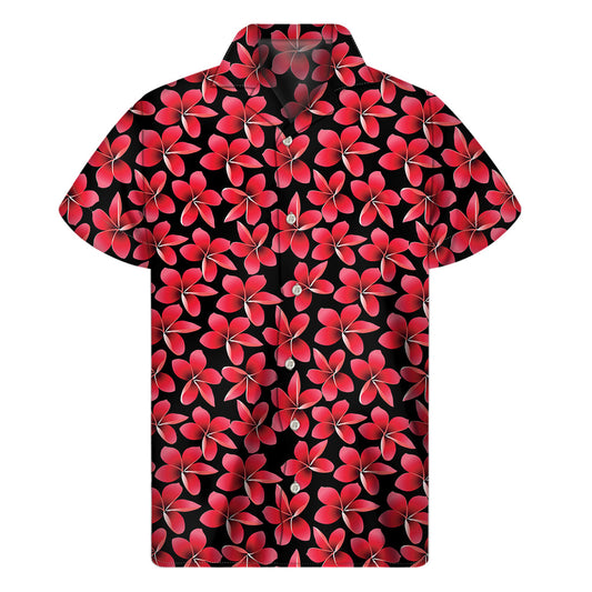 Tropical Vibes: Red and Black Frangipani Pattern Men's Hawaiian Short Sleeve Shirt - 1