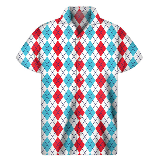 Red and Blue Hawaiian Argyle Print Short Sleeve Shirt - 1