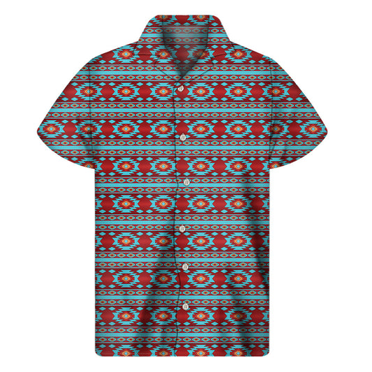 Red and Teal Hawaiian Print Men's Short Sleeve Shirt - 1