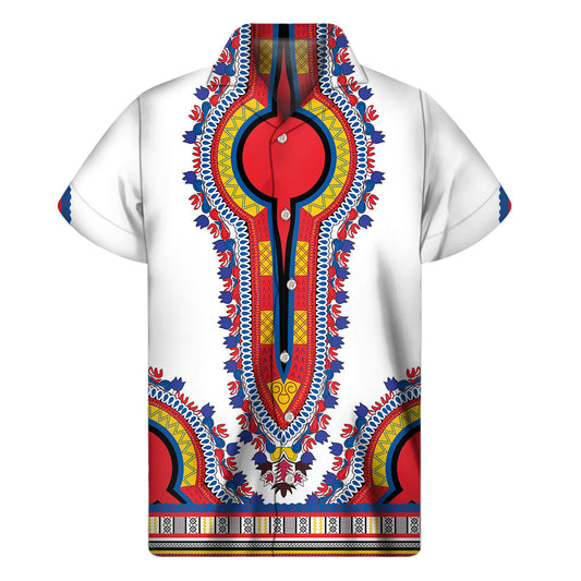 Red and White Hawaiian Dashiki Print Men's Short Sleeve Shirt - 1