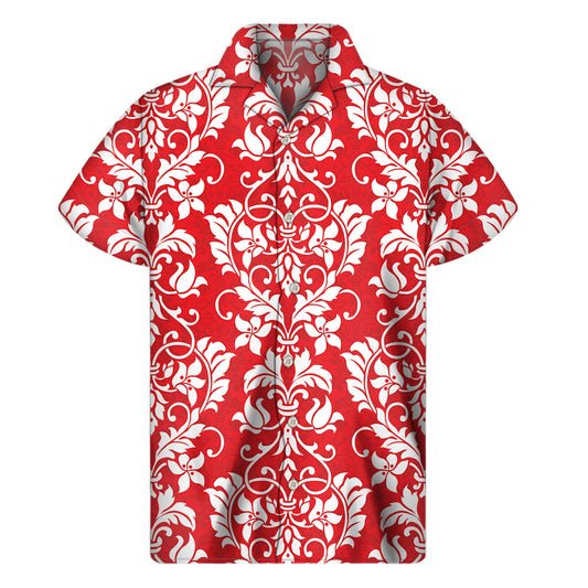 Tropical Vibes: Red and White Damask Pattern Hawaiian Short Sleeve Shirt - 1