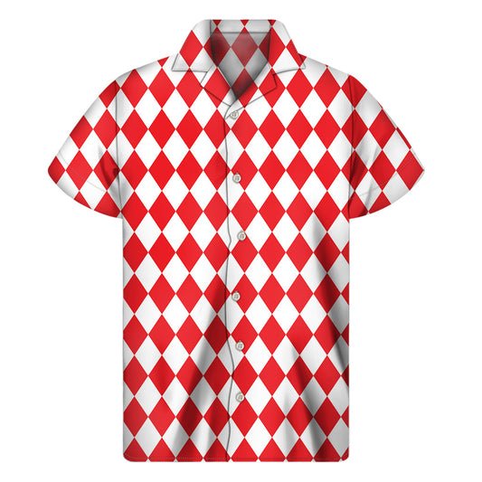 Red and White Harlequin Hawaiian Style Short Sleeve Shirt - 1