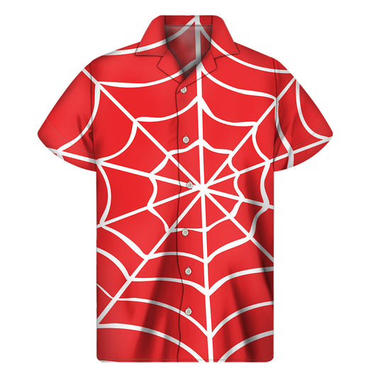 Red and White Hawaiian Spider Web Pattern Print Men's Short Sleeve Shirt - 1