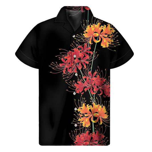 Island Vibes: Men's Red and Yellow Hawaiian Amaryllis Print Short Sleeve Shirt - 1