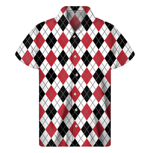 Red, Black, and White Hawaiian Argyle Print Short Sleeve Shirt - 1