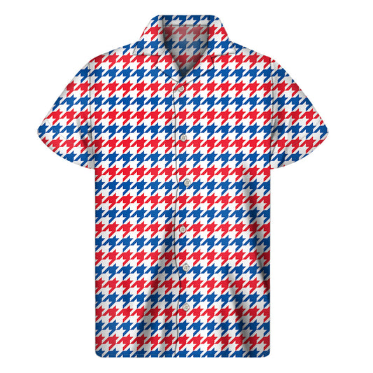 Red, Blue, and White Houndstooth Hawaiian Short Sleeve Shirt - 1