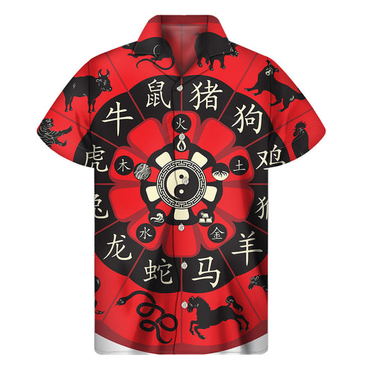 Hawaiian Zodiac Wheel Print Short Sleeve Shirt in Red - 1