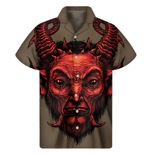 Fiery Hawaiian Vibes: Red Devil Satan Print Short Sleeve Shirt - 1