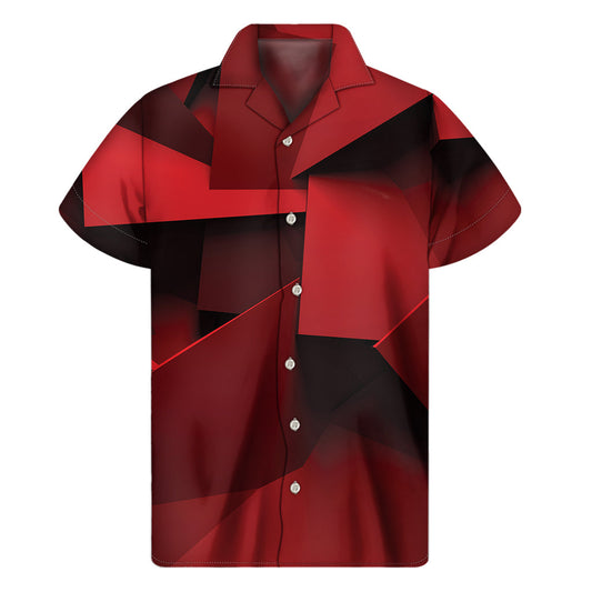 Island Chic: Red Geometric Print Hawaiian Short Sleeve Shirt - 1