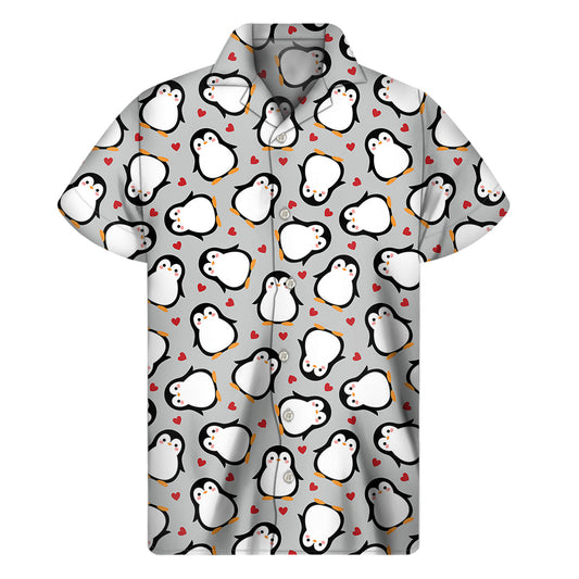 Red Heart and Penguin Hawaiian Print Short Sleeve Shirt - 1