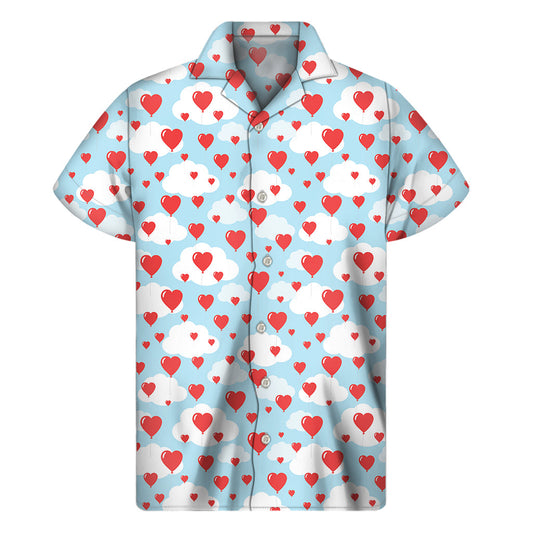 Island Love: Men's Hawaiian Short Sleeve Shirt with Red Heart Balloon Pattern - 1