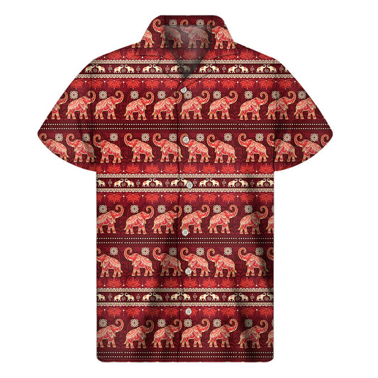 Red Indian Elephant Pattern Hawaiian Short Sleeve Shirt - 1