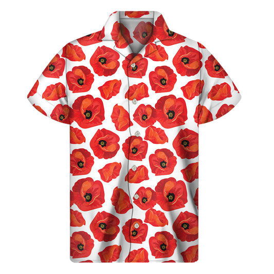 Red Poppy Paradise: Hawaiian Style Short Sleeve Shirt - 1