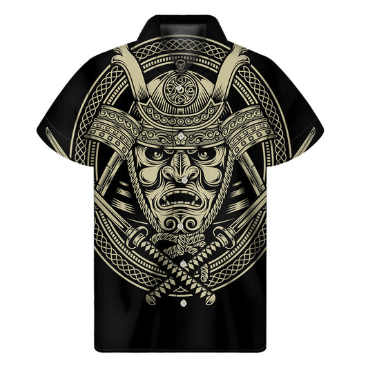 Warrior Spirit: Hawaiian Short Sleeve Shirt with Samurai Mask Print - 1