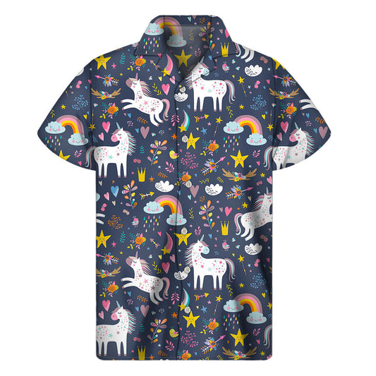 Tropical Fantasy: Men's Hawaiian Short Sleeve Shirt with Unicorn Dream Cartoon Print - 1