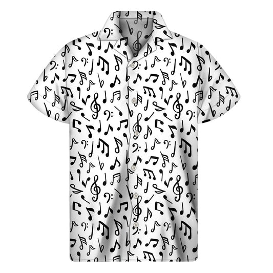 Island Groove: Men's White and Black Music Note Hawaiian Short Sleeve Shirt - 1
