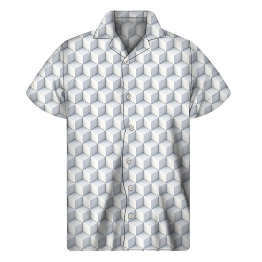 White Geometric Cube Hawaiian Print Short Sleeve Shirt - 1