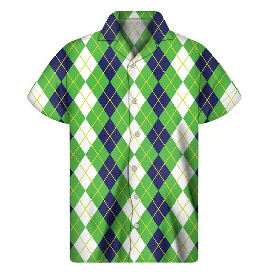 White, Green, and Navy Argyle Print Hawaiian Short Sleeve Shirt - 1