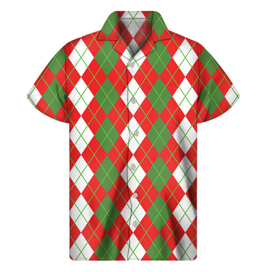 Island Style: White, Green, and Red Argyle Hawaiian Short Sleeve Shirt - 1
