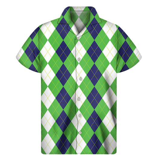 Island Cool: Men's White, Navy, and Green Argyle Print Hawaiian Short Sleeve Shirt - 1