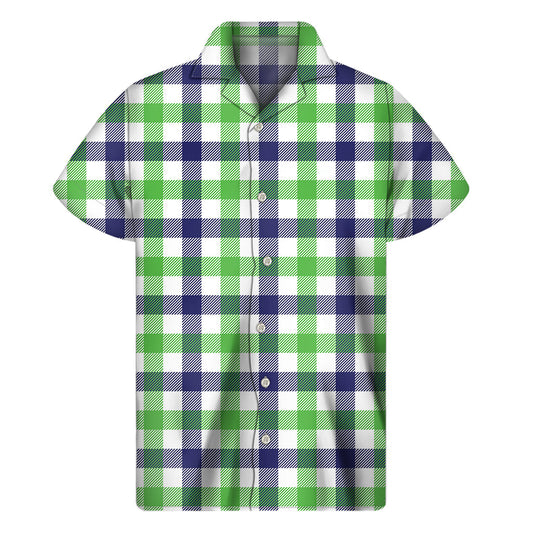 Island Breeze: Classic White, Navy, and Green Plaid Hawaiian Shirt - 1