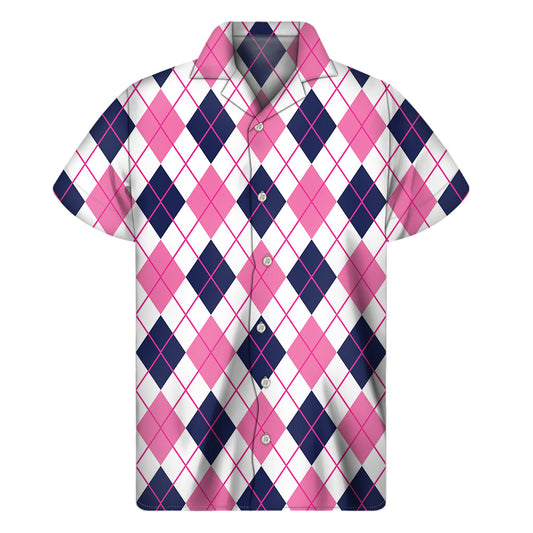White, Pink, and Blue Hawaiian Argyle Print Short Sleeve Shirt - 1