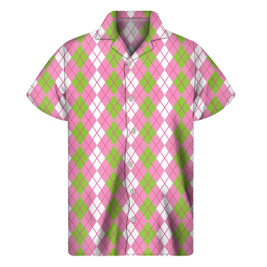 Tropical Vibes: Men's White, Pink, and Green Argyle Print Hawaiian Short Sleeve Shirt - 1
