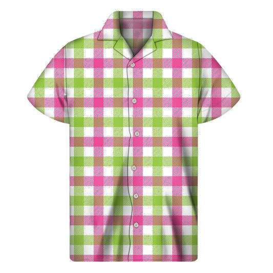 Island Breeze: Hawaiian Short Sleeve Shirt in White, Pink, and Green Buffalo Plaid - 1