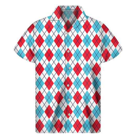 White, Red, and Blue Argyle Pattern Hawaiian Short Sleeve Shirt - 1