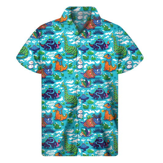 Island Vibes: Hawaiian Short Sleeve Shirt with Xmas Dinosaur Pattern - 1