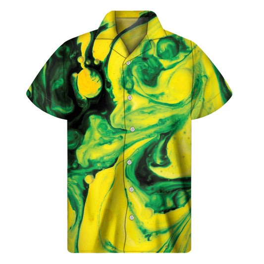Yellow and Green Acid Melt Hawaiian Print Short Sleeve Shirt - 1