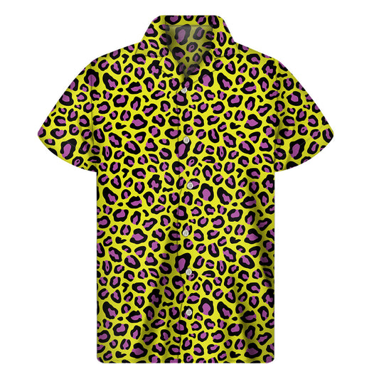 Yellow and Purple Leopard Pattern Hawaiian Short Sleeve Shirt - 1