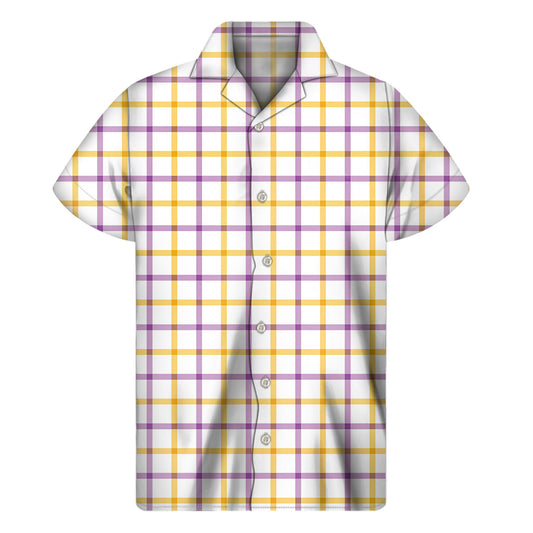 Sunset Dream: Hawaiian Short Sleeve Shirt in Yellow and Purple Tattersall Print - 1