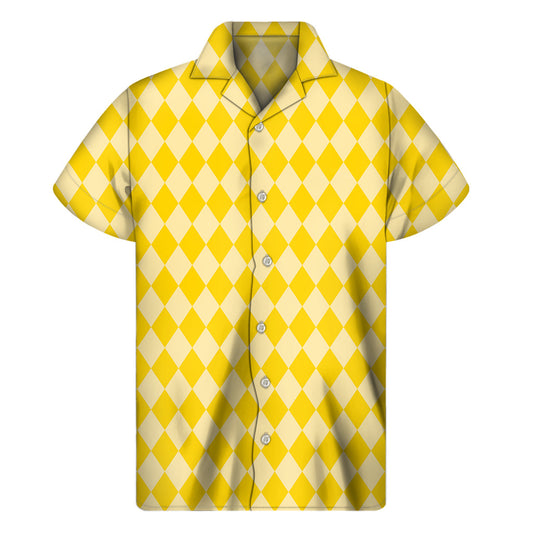 Sunny Vibes: Yellow Harlequin Pattern Hawaiian Short Sleeve Shirt - 1