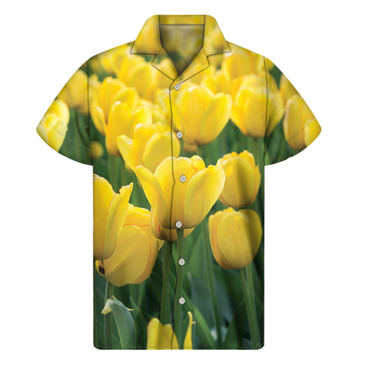 Sunny Hawaiian Style: Yellow Tulip Print Short Sleeve Shirt - 1
