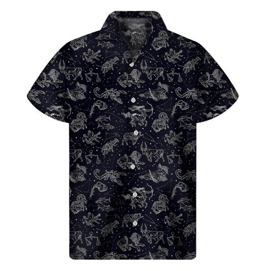 Island Starlight: Men's Hawaiian Short Sleeve Shirt with Zodiac Constellation Print - 1